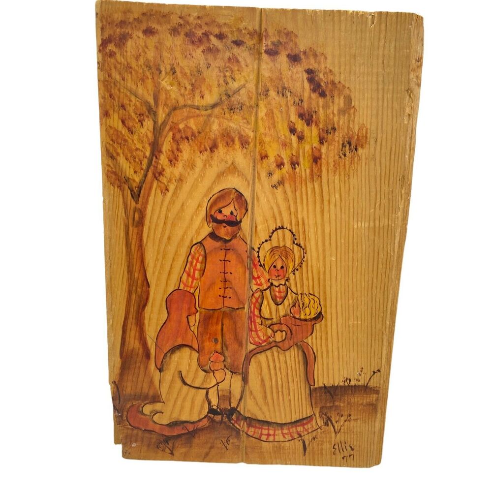 Vintage 1977 Wooden Hand Painted Primitive Siding Board With Country Couple